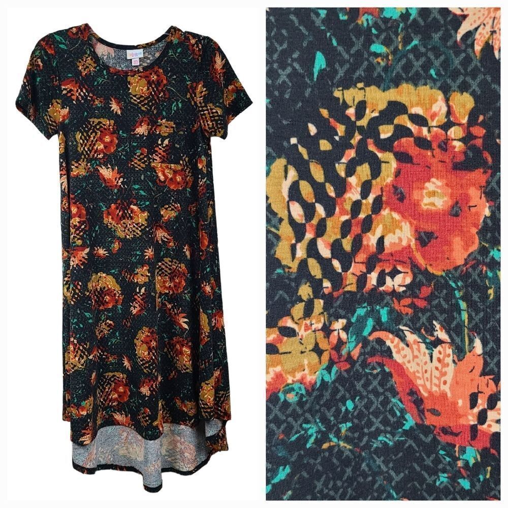 LuLaRoe Carly Dress Black Floral Print Midi Pocket High-Low Butter Soft Casual - Picture 2 of 11